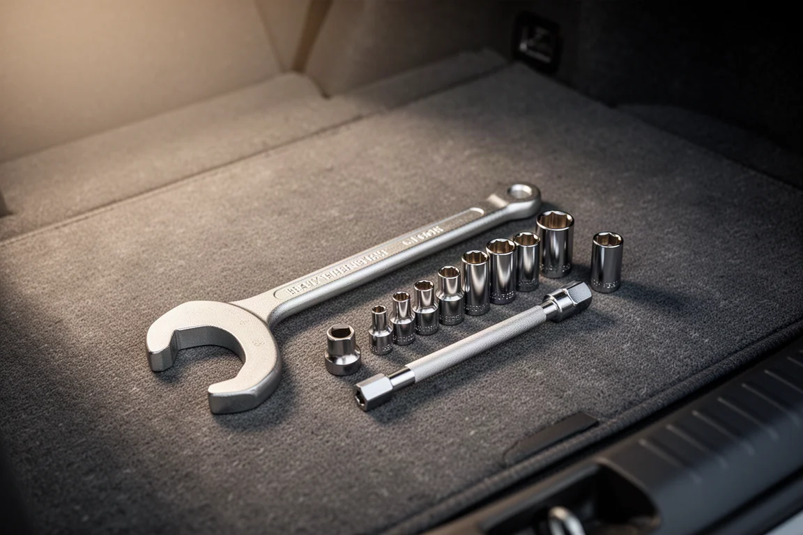 Compact portable socket kit laid out for use in a vehicle