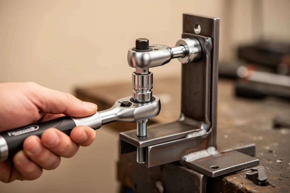 Ratchet turning a bolt fitted with a socket and adapter in a workshop setting