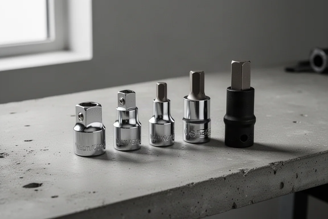 Four chrome socket adapters of graduated sizes arranged on a concrete workbench