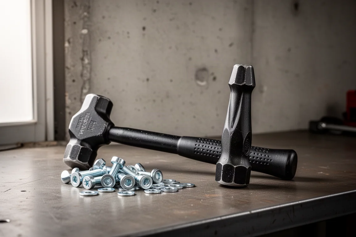 Dead-Blow-Hammer auf einer Werkbank in der Garage neben Befestigungsmitteln