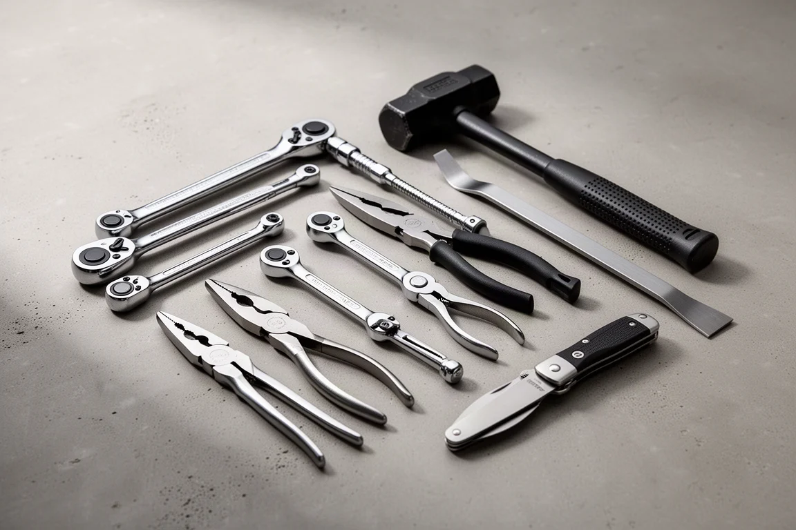 Assortment of hand tools including ratchets, pliers, a hammer, a pry bar, and a pocket knife on concrete