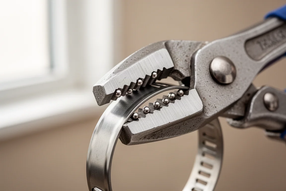 Close-up of plier jaws with rotating teeth gripping a hose clamp