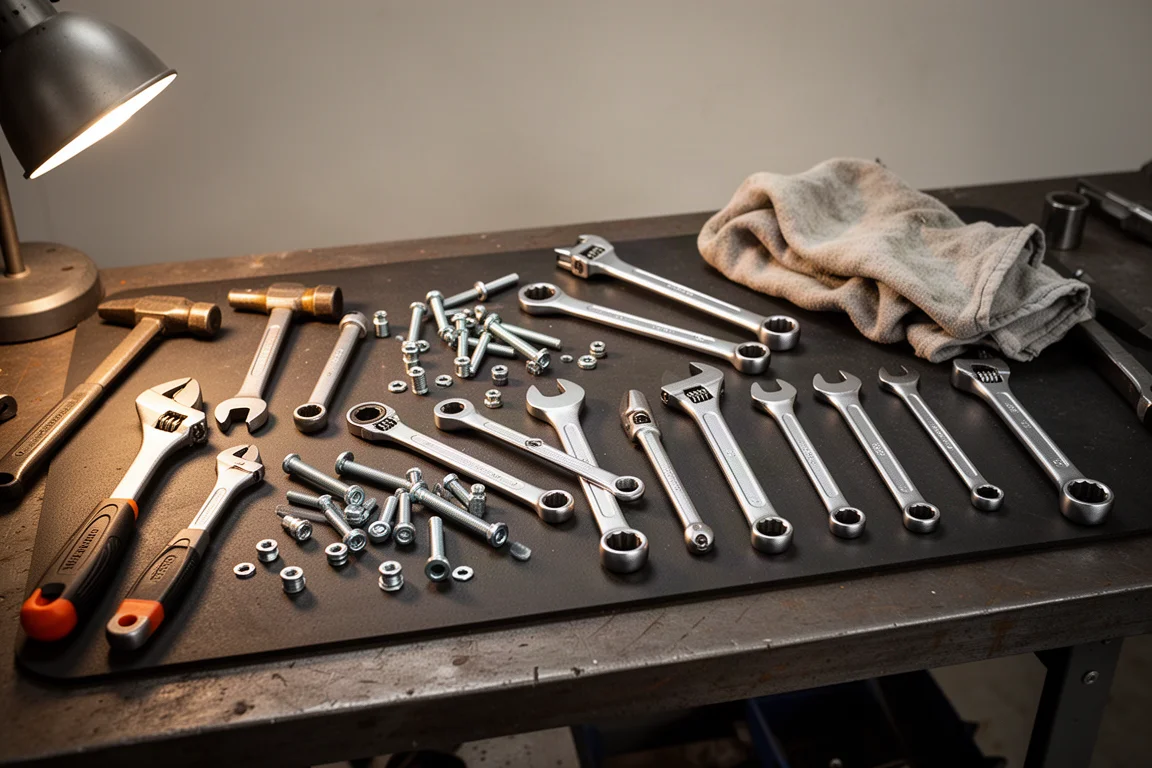 Mechanic's workbench with assorted hand tools on a dark surface
