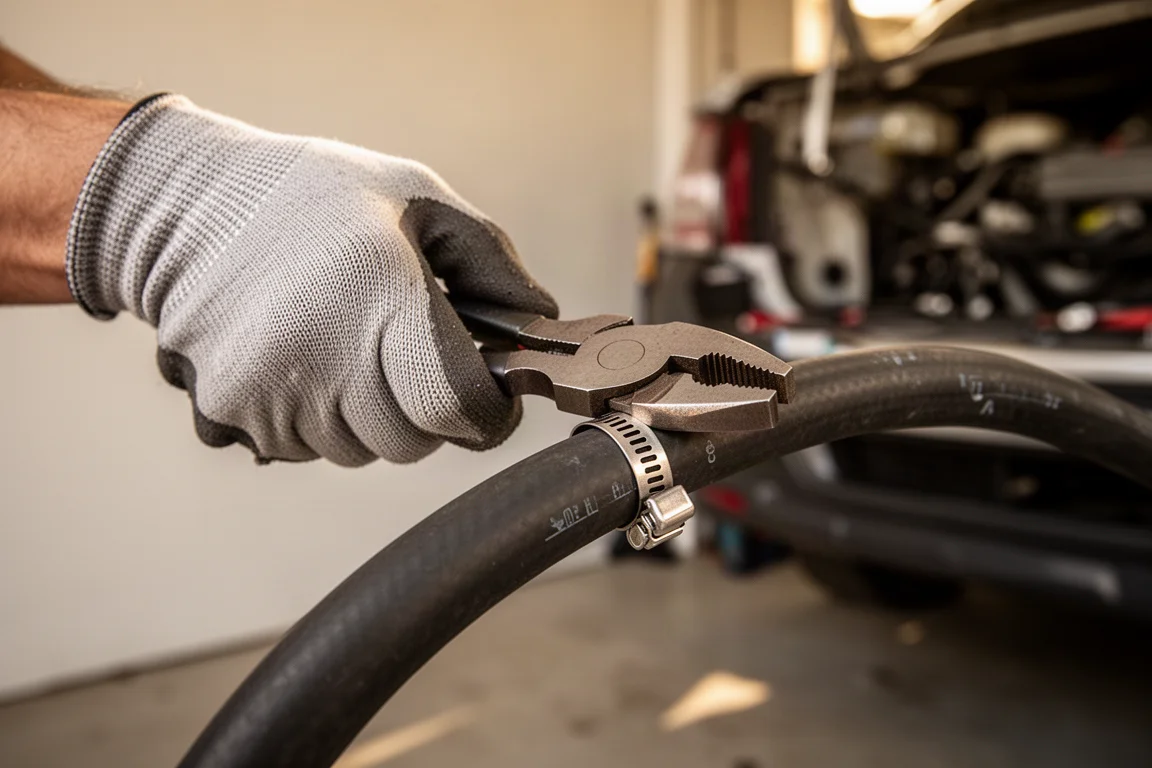 Hands gripping pliers while working on a hose assembly in a garage