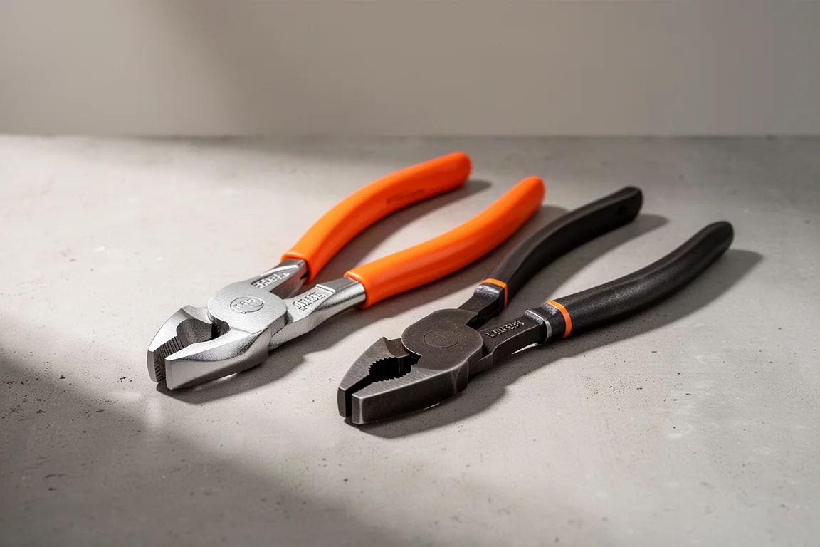 Two pairs of pliers side by side on a matte concrete surface