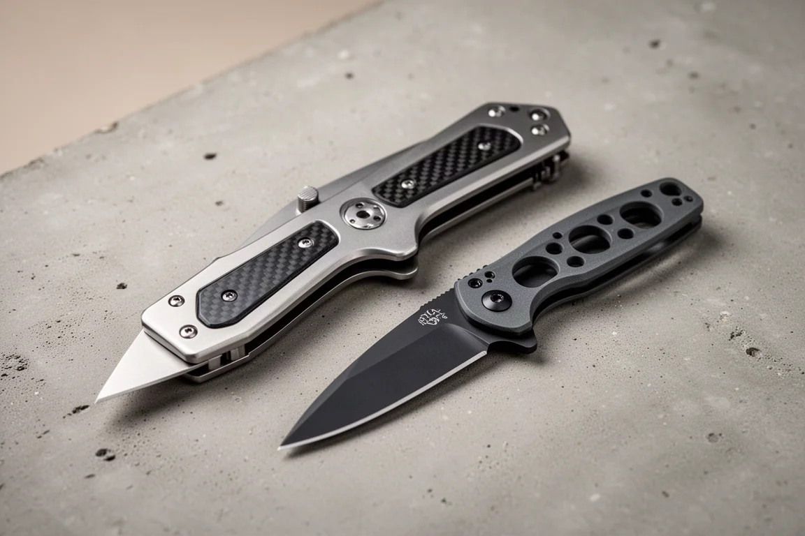 Two folding pocket knives side by side on a matte concrete surface