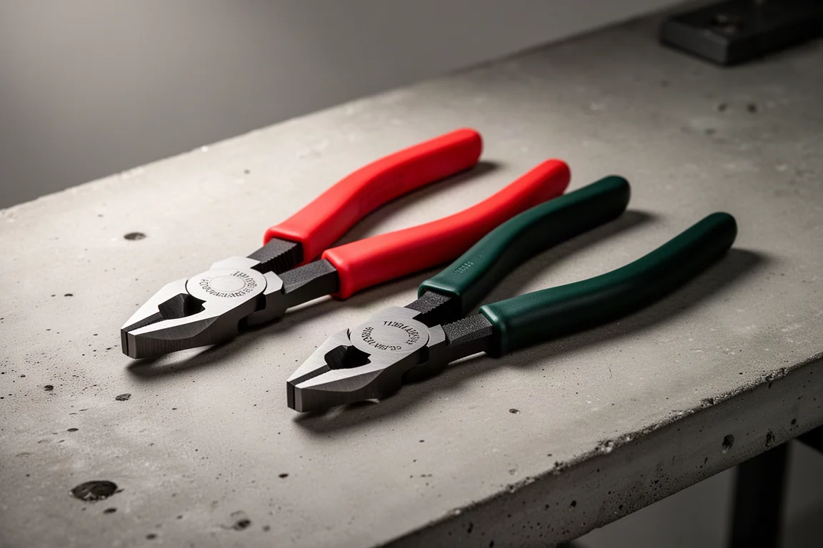 Two 11-inch diagonal cutter pliers with red and green handles on a concrete workbench