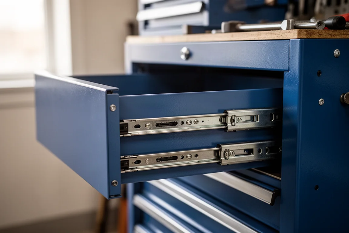 Un meccanico fa scorrere un cassetto a cuscinetti a sfere di una grande cassettiera in acciaio