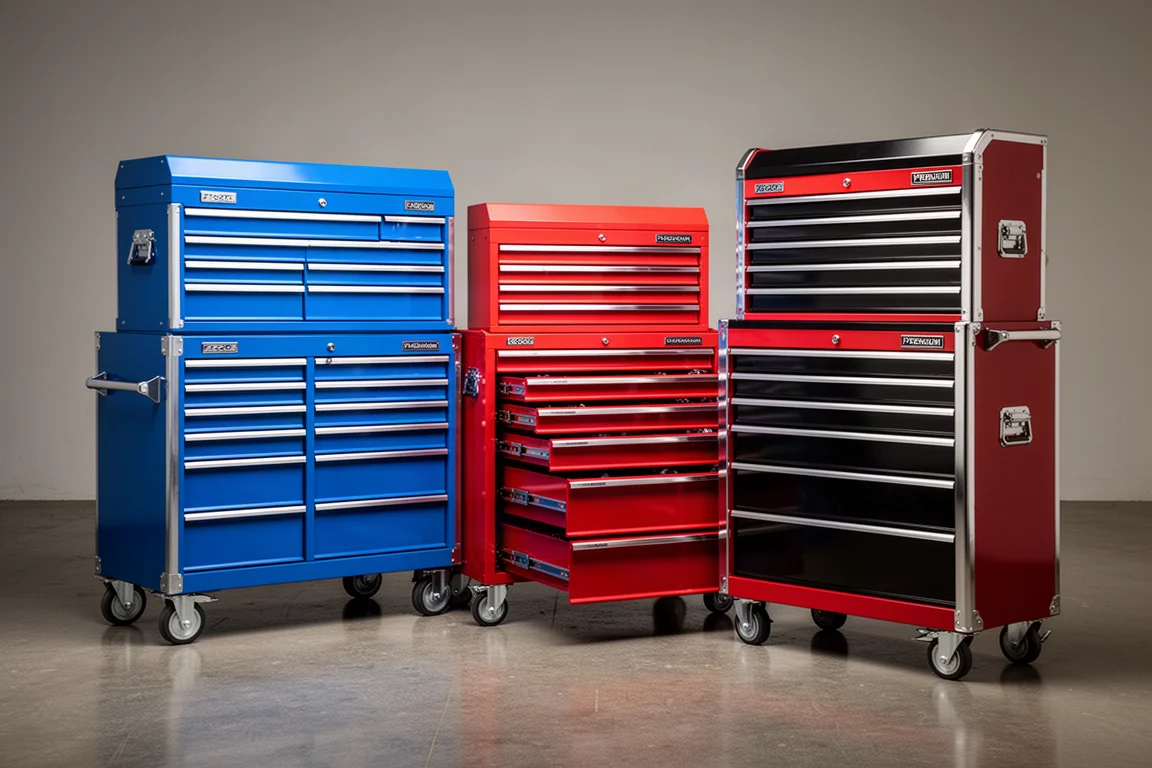Three large professional tool storage cabinets lined up on a workshop floor
