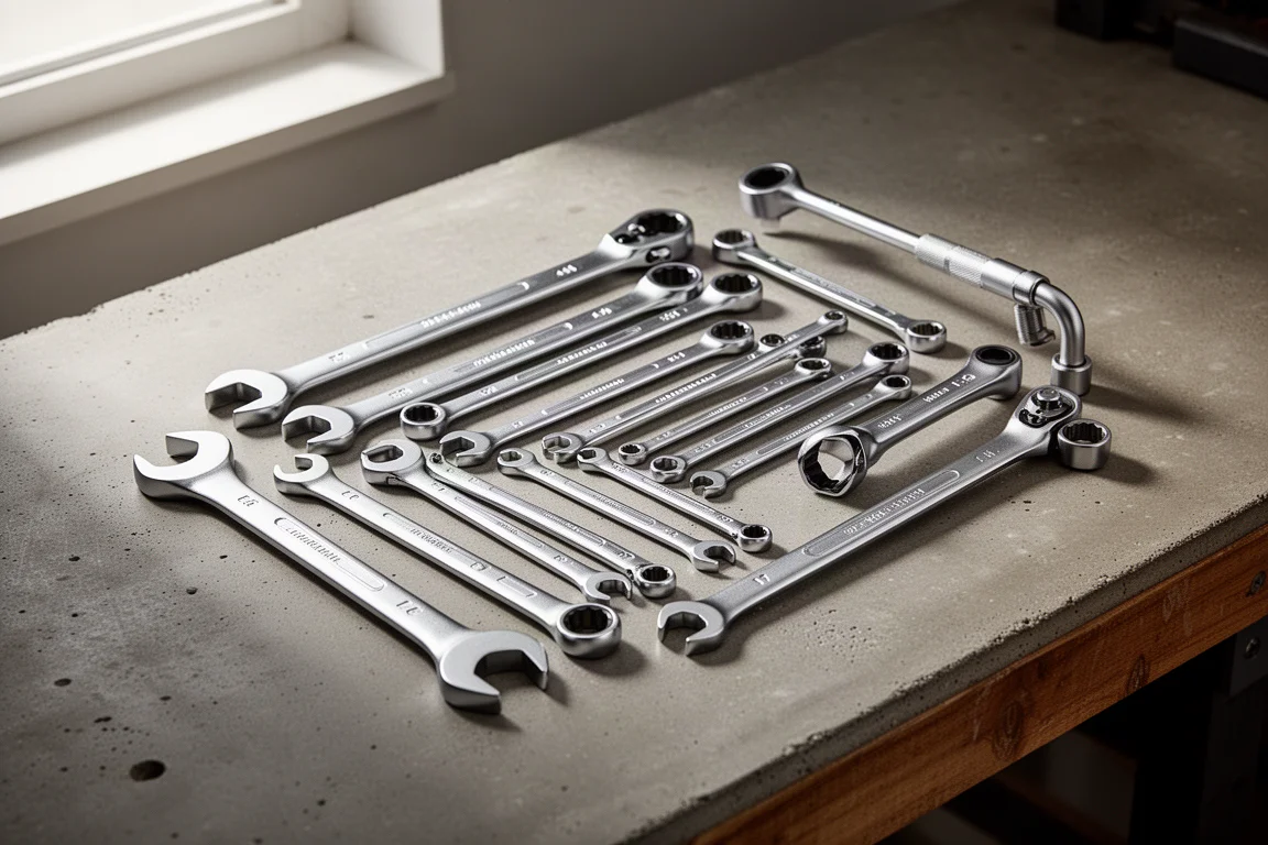 Assorted chrome wrenches fanned out on a concrete workbench