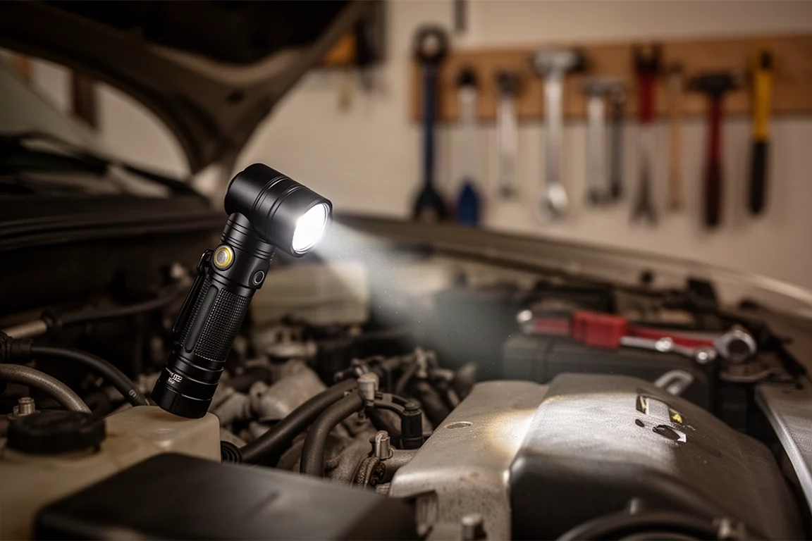 Mechanic using a compact flashlight to illuminate an engine bay