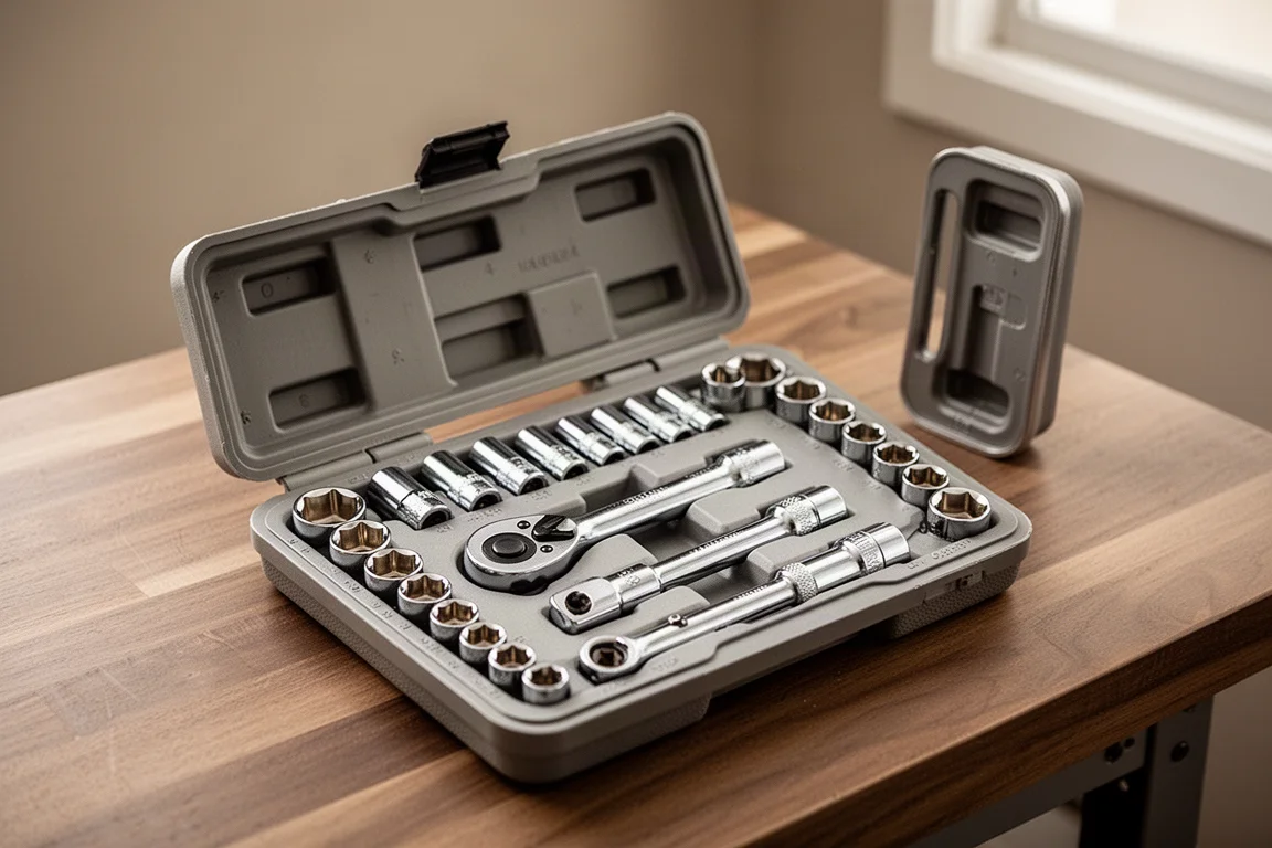 Open socket set case with sockets and ratchet organized in a home workshop