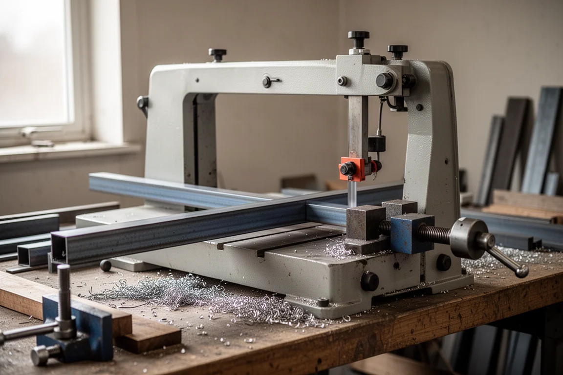 Metal cutting bandsaw in a fabrication shop with steel stock on the table