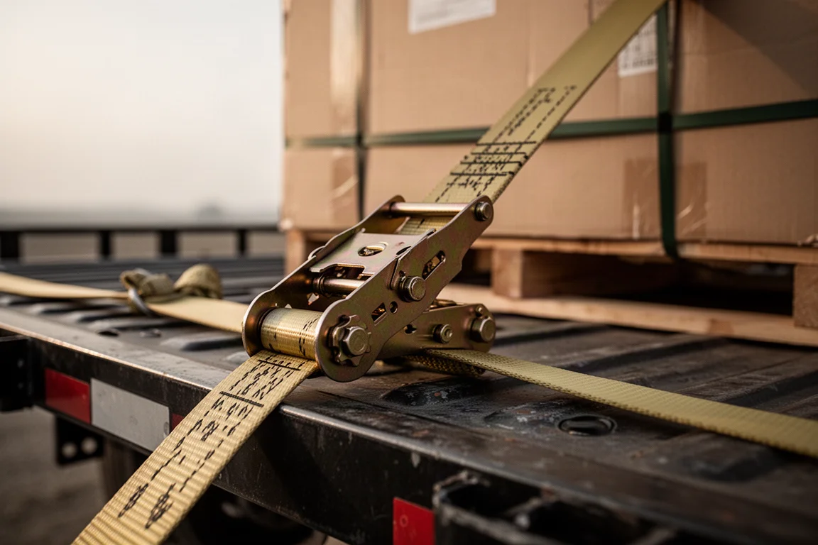Heavy ratchet strap secured around cargo on a trailer bed