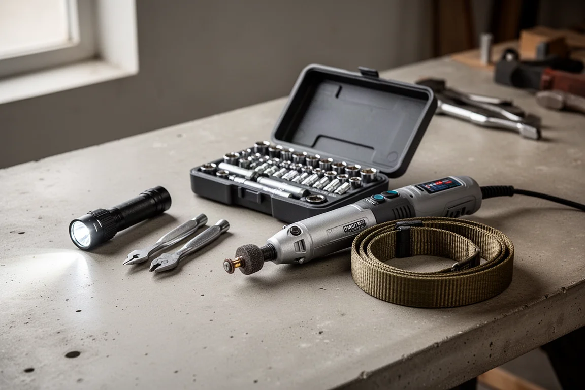 Assorted tools including a flashlight, socket case, and strap arranged on a workshop bench