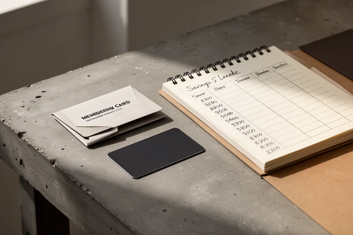 Membership card, credit card and savings notebook on a concrete workbench