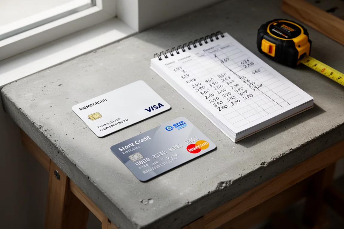 Membership card, credit card, notepad and tape measure on a concrete workbench