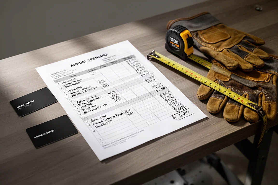 Workbench with membership card, spending spreadsheet, tape measure and gloves