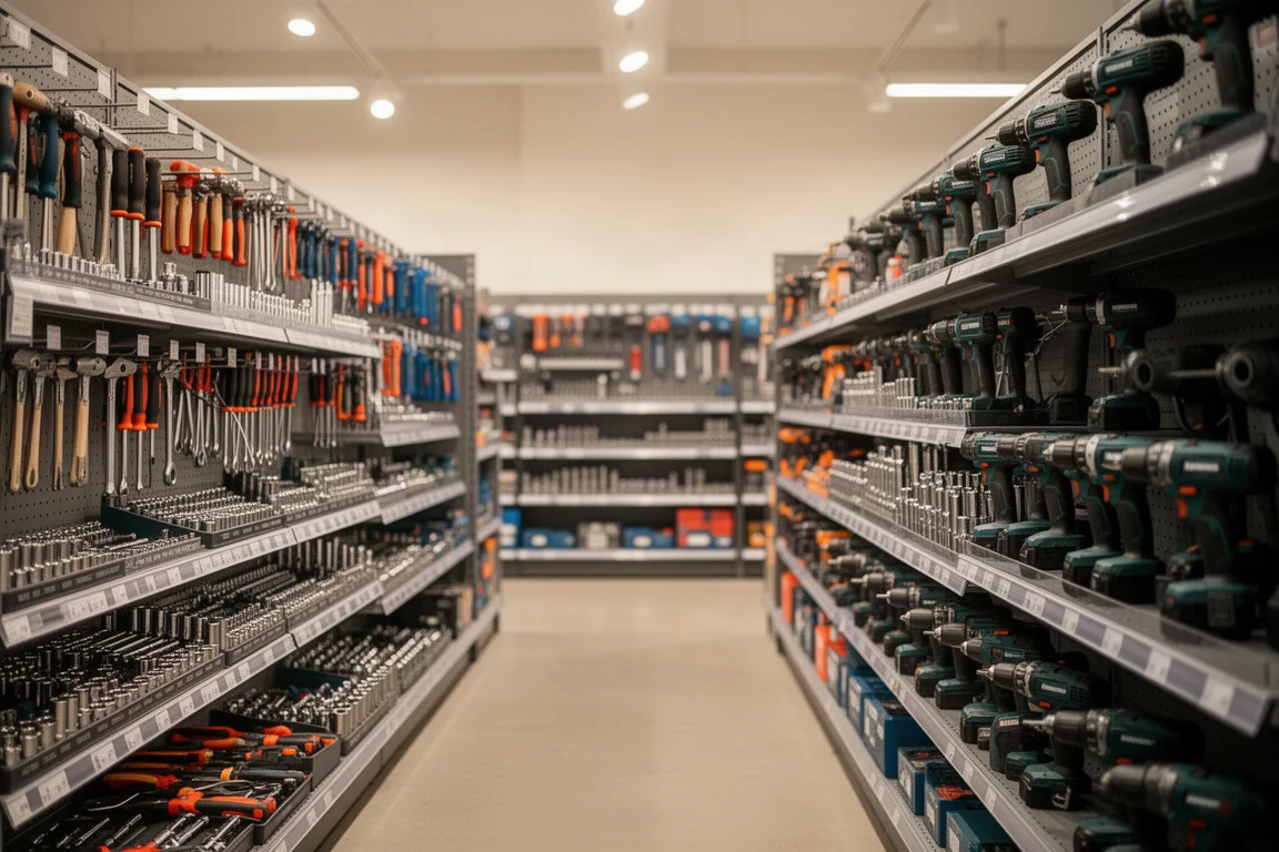 Pasillo de herramientas de una tienda con estanterías de herramientas manuales bajo luz suave