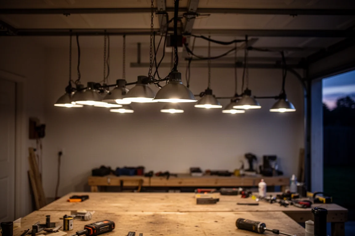 Techo de un taller con luces LED de tienda enlazables colgantes que proyectan un brillo cálido
