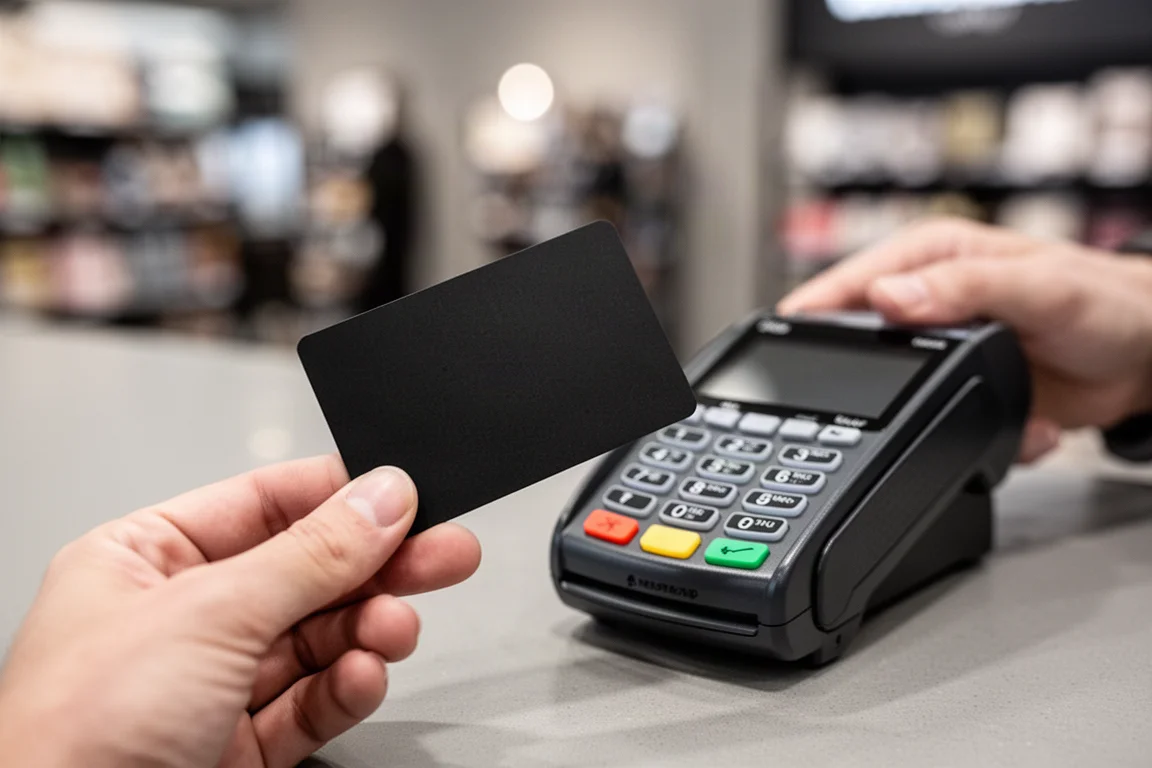 Una mano sosteniendo una tarjeta cerca de un terminal de pago en un mostrador de tienda