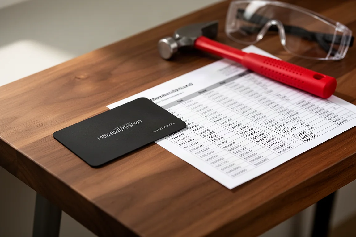 Membership card on a workbench next to a printed savings spreadsheet and tools