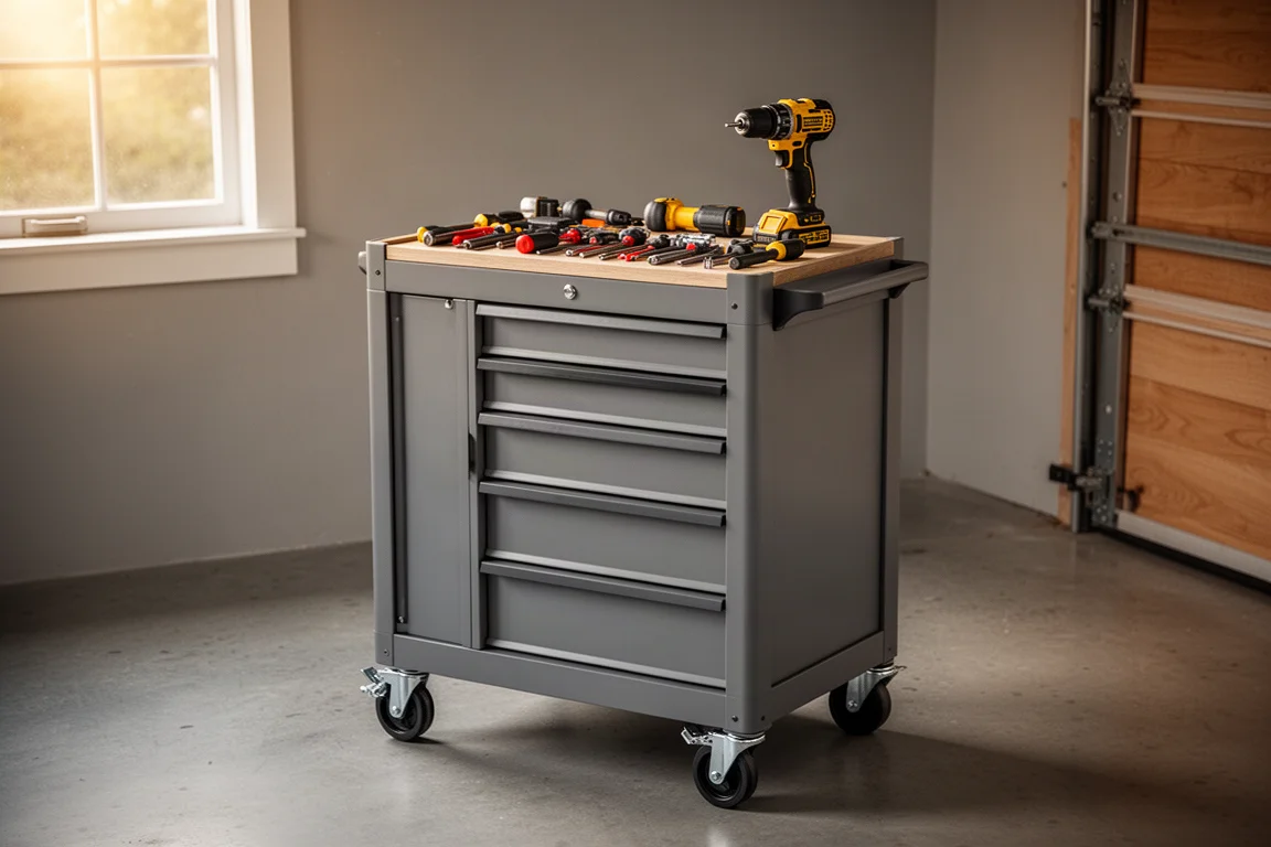 Carrello portautensili carico di attrezzi a mano in un'officina domestica