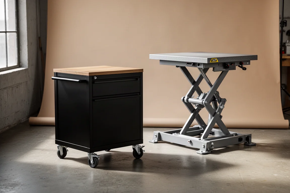 Matte black rolling service cart and grey lifting table on a workshop floor