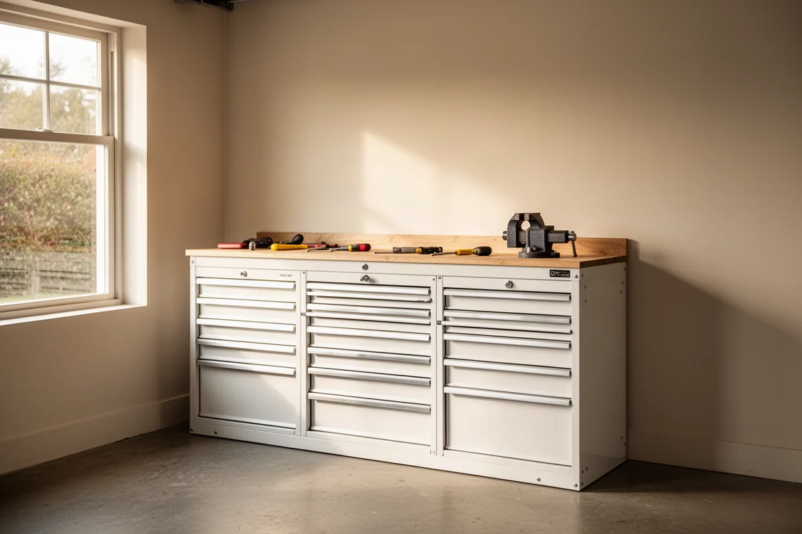 Cabinet d'atelier en acier blanc dans un garage-home atelier bien rangé
