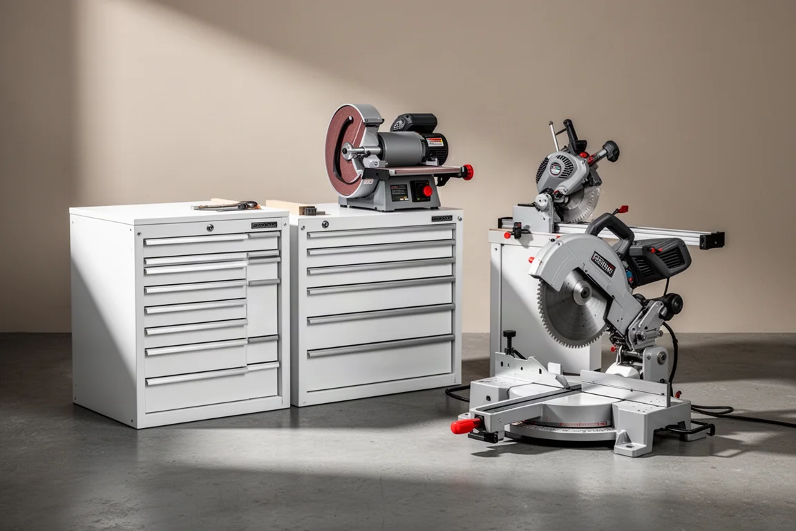 Workbench cabinet, benchtop sander, and sliding miter saw arranged on a concrete floor