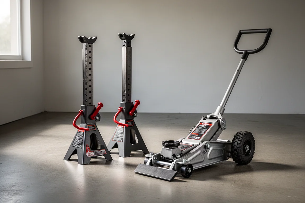 Heavy-duty jack stands and an aluminum off-road jack on a garage floor