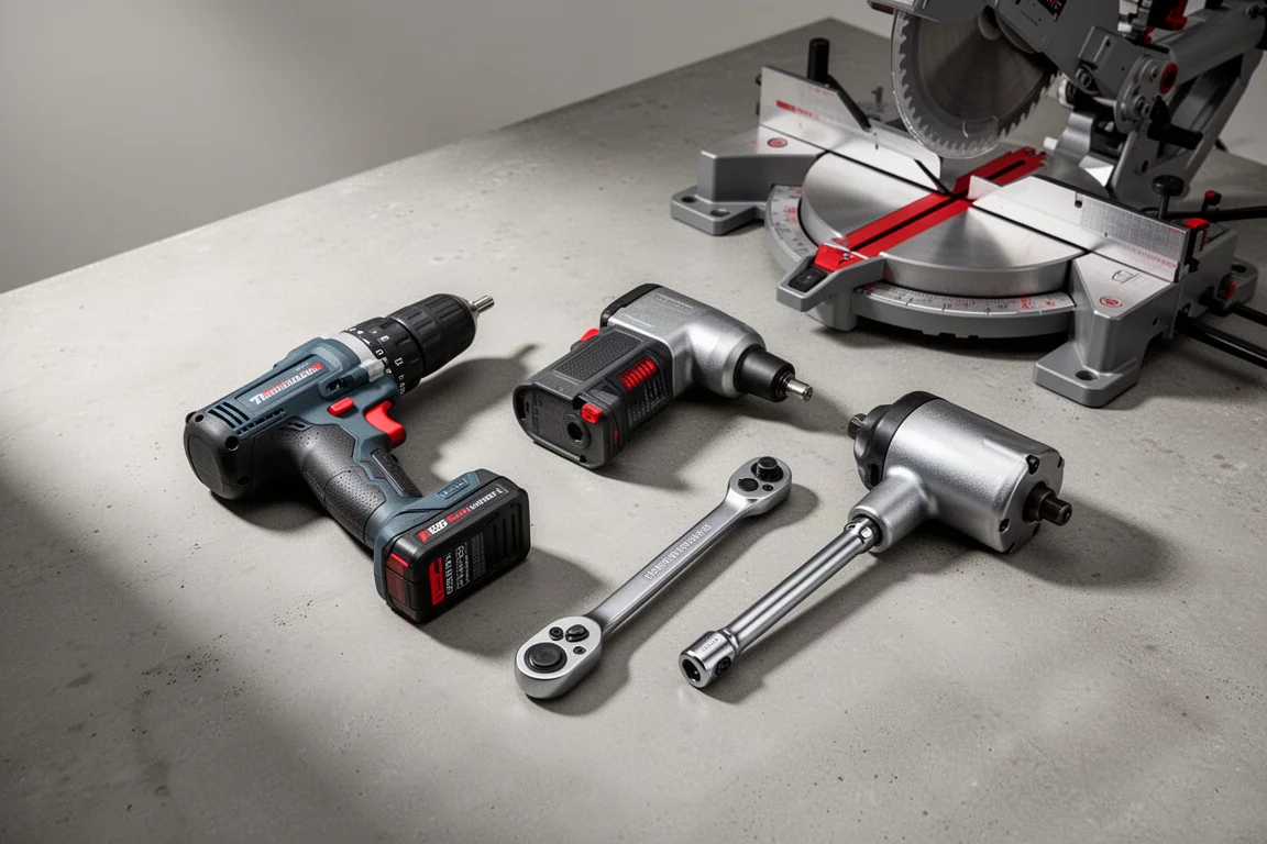 Assorted workshop tools including a drill, impact wrench, and torque wrench on concrete