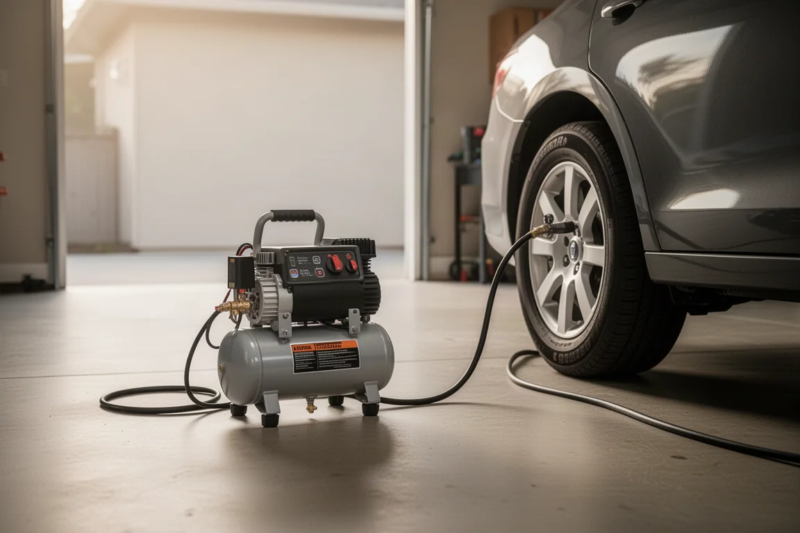 Compact air compressor connected to a car tire being inflated in a tidy garage