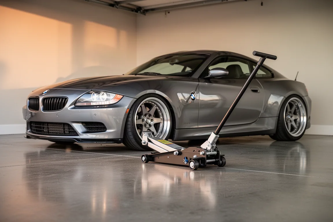 Low-profile floor jack lifting the corner of a lowered sedan on smooth concrete