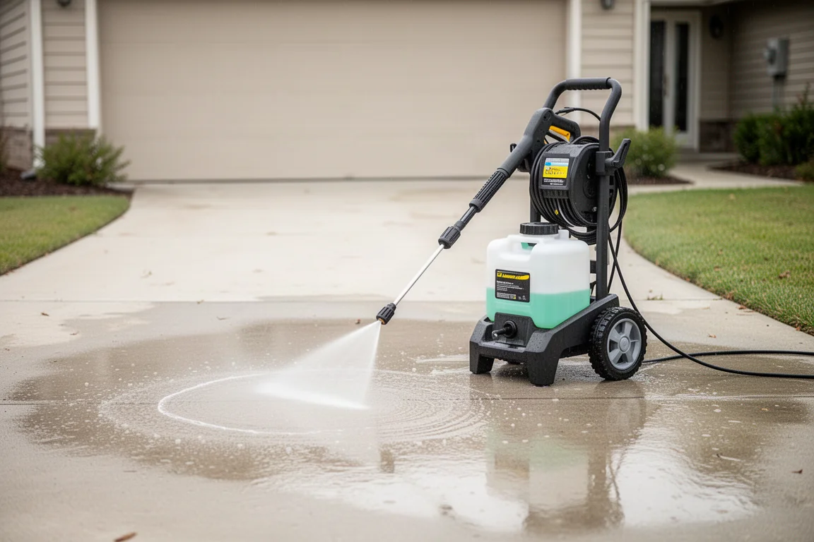 Electric pressure washer cleaning a driveway with water spray in daylight
