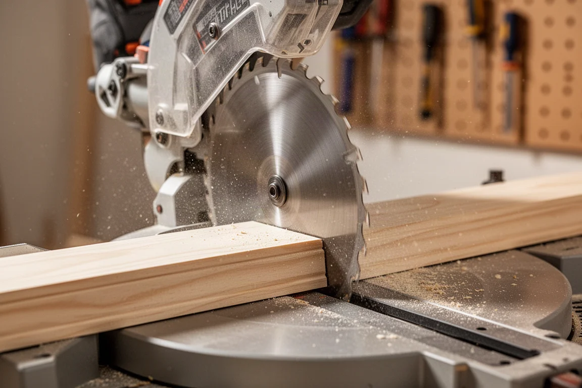 Woodworker cutting trim on a compound miter saw in a workshop