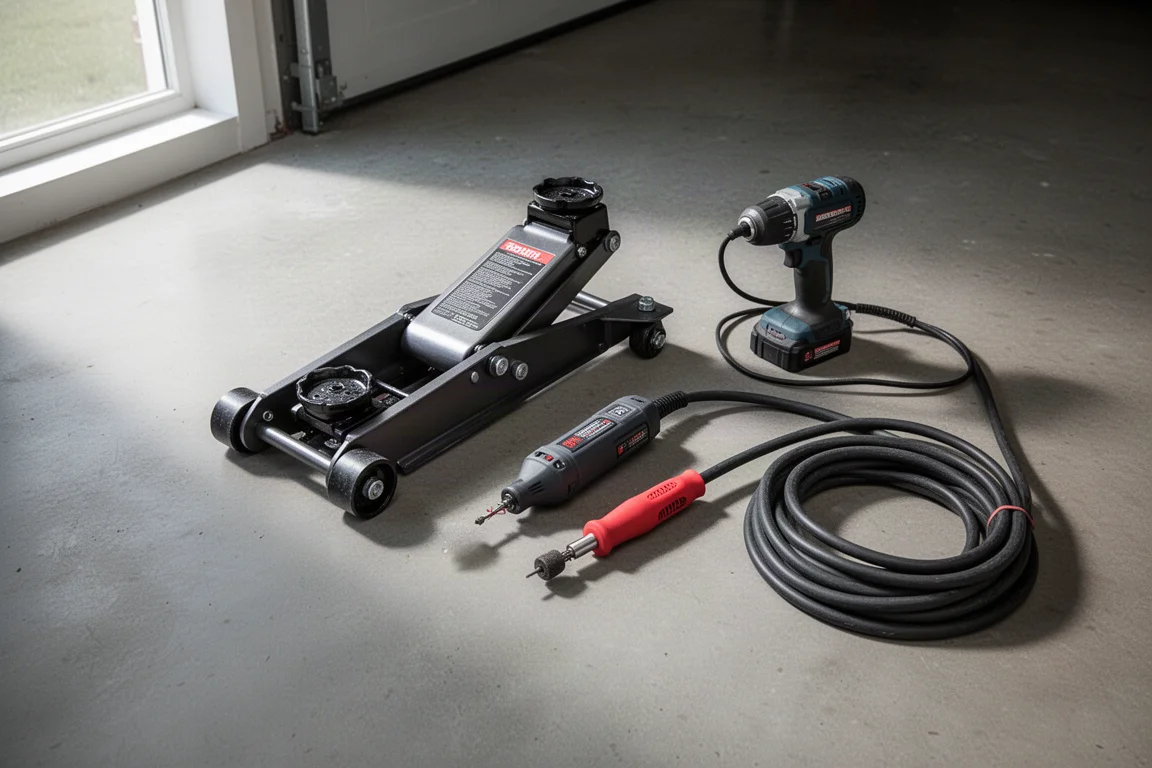 Workshop tools including a floor jack, rotary tool, and extension cord arranged on concrete