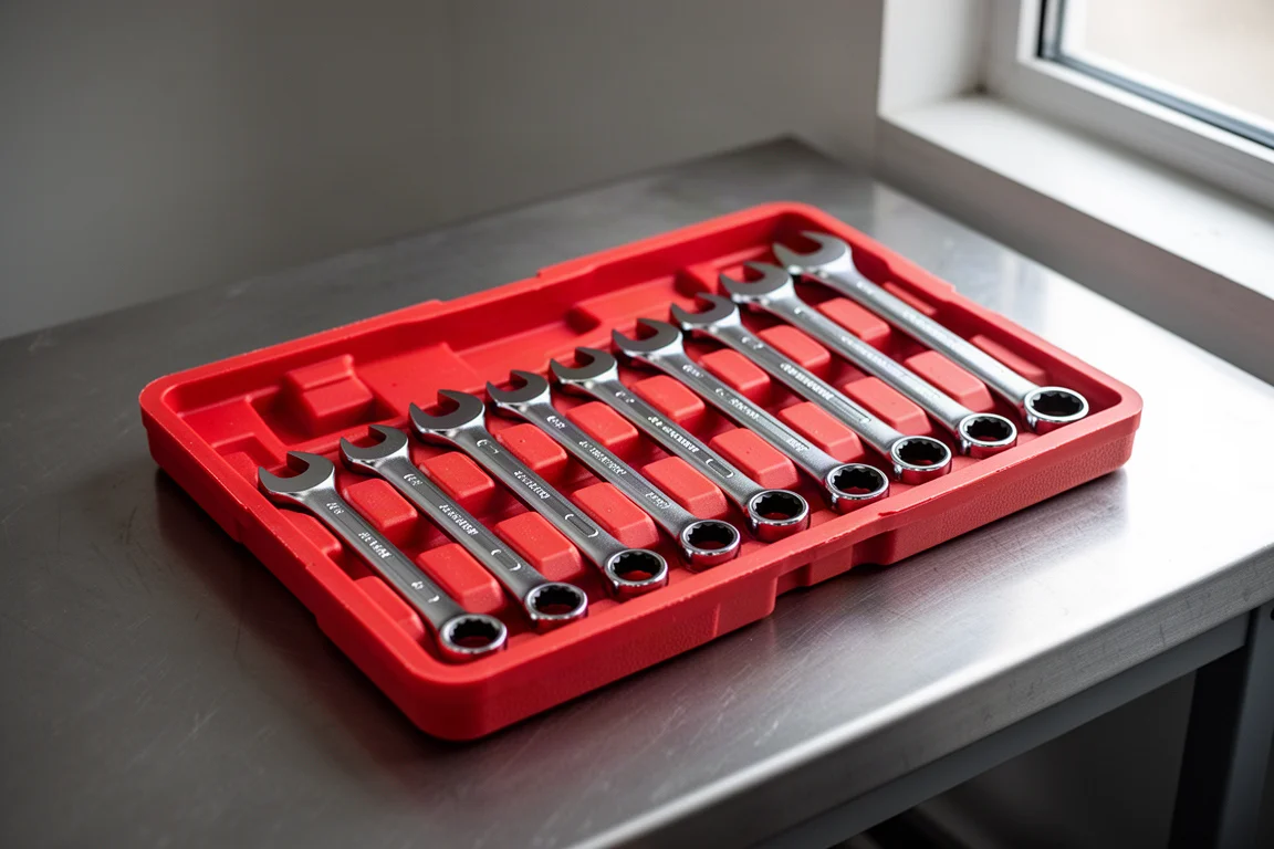 Open combination wrench set arranged in a red magnetic organizer tray on a workbench