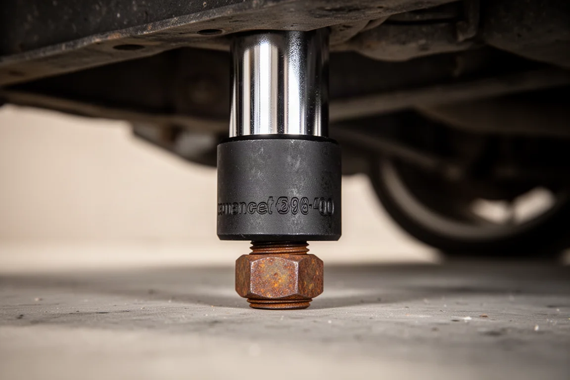 Close-up of an impact socket fitting onto a rusted bolt head on a vehicle undercarriage