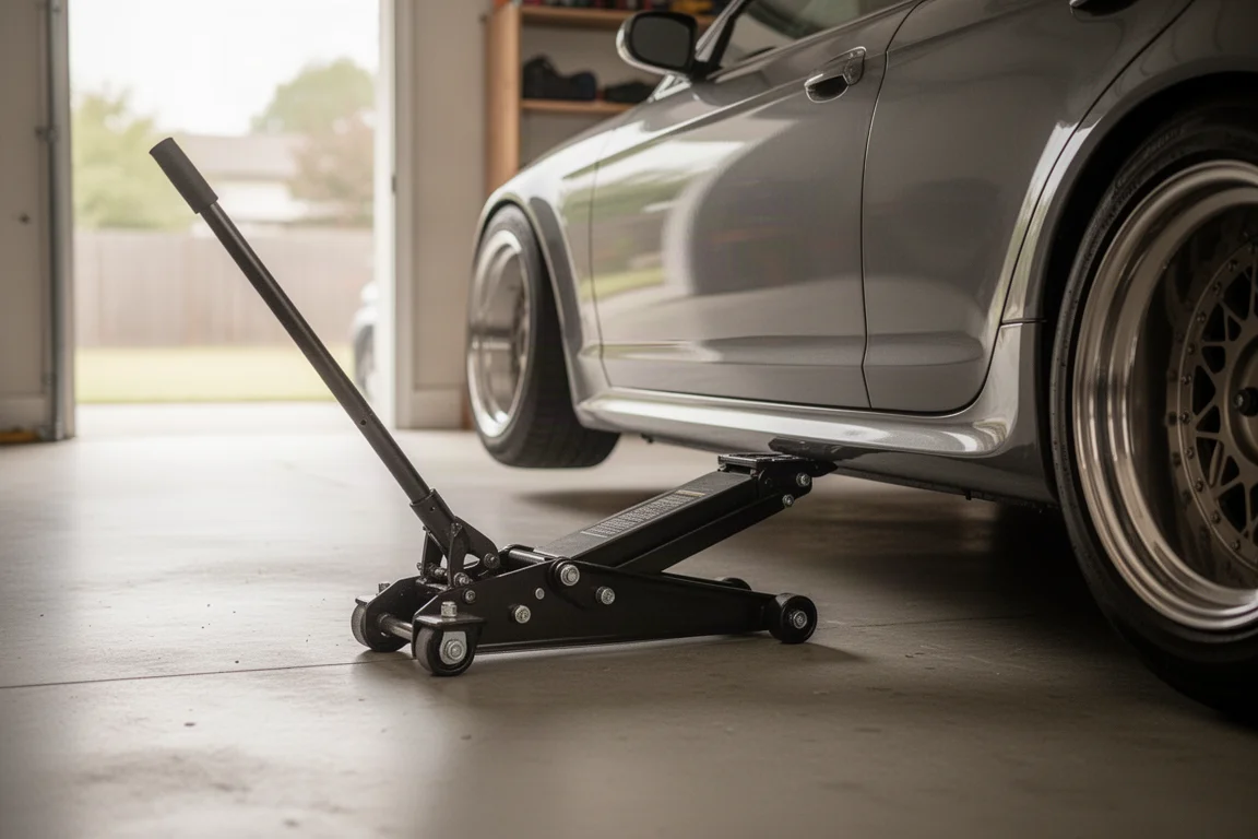 Three-ton steel floor jack positioned under the side of a car in a home garage