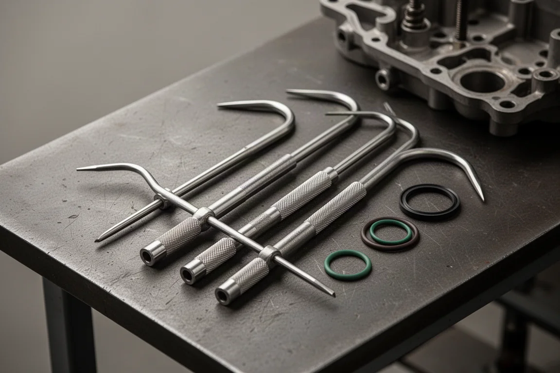 Pick and hook tools laid out on a workbench next to disassembled panels