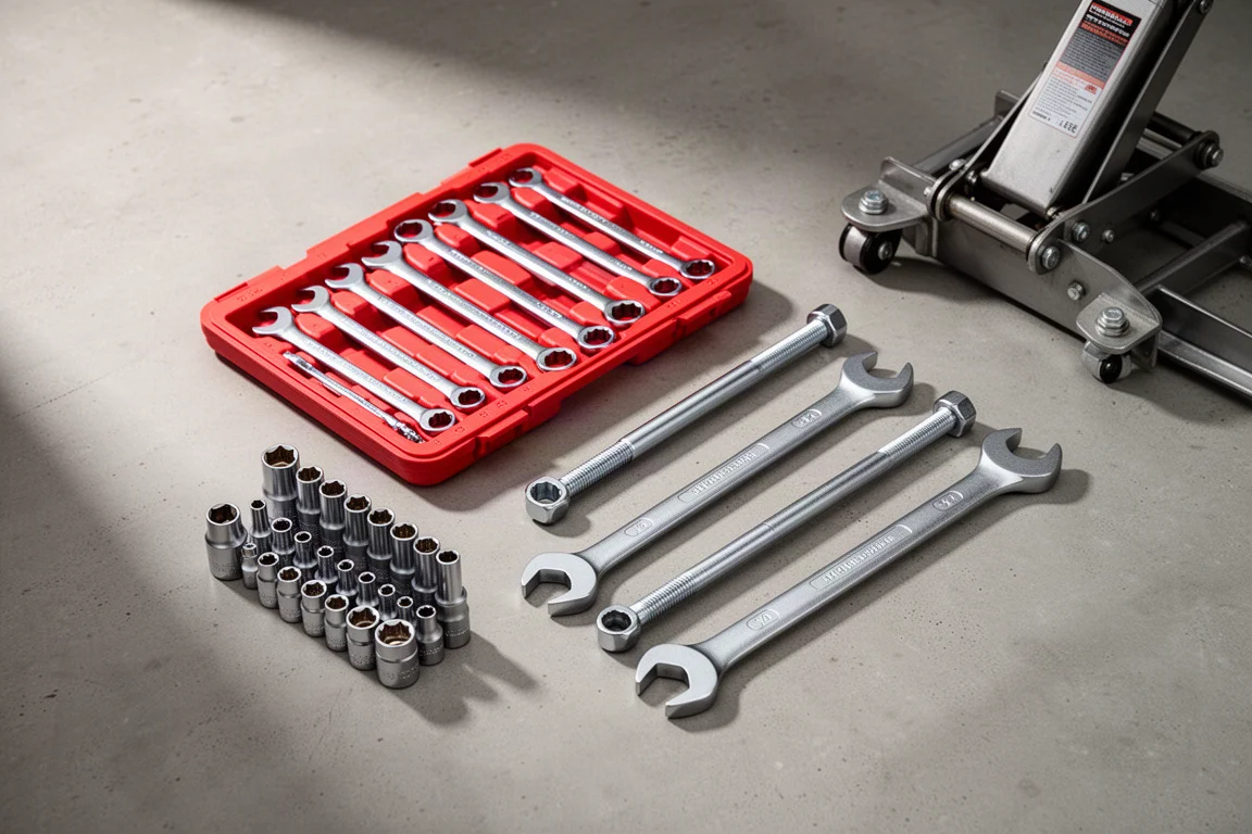 Flat-lay of hand tools including wrenches, sockets, bolt breakers, and a floor jack on concrete