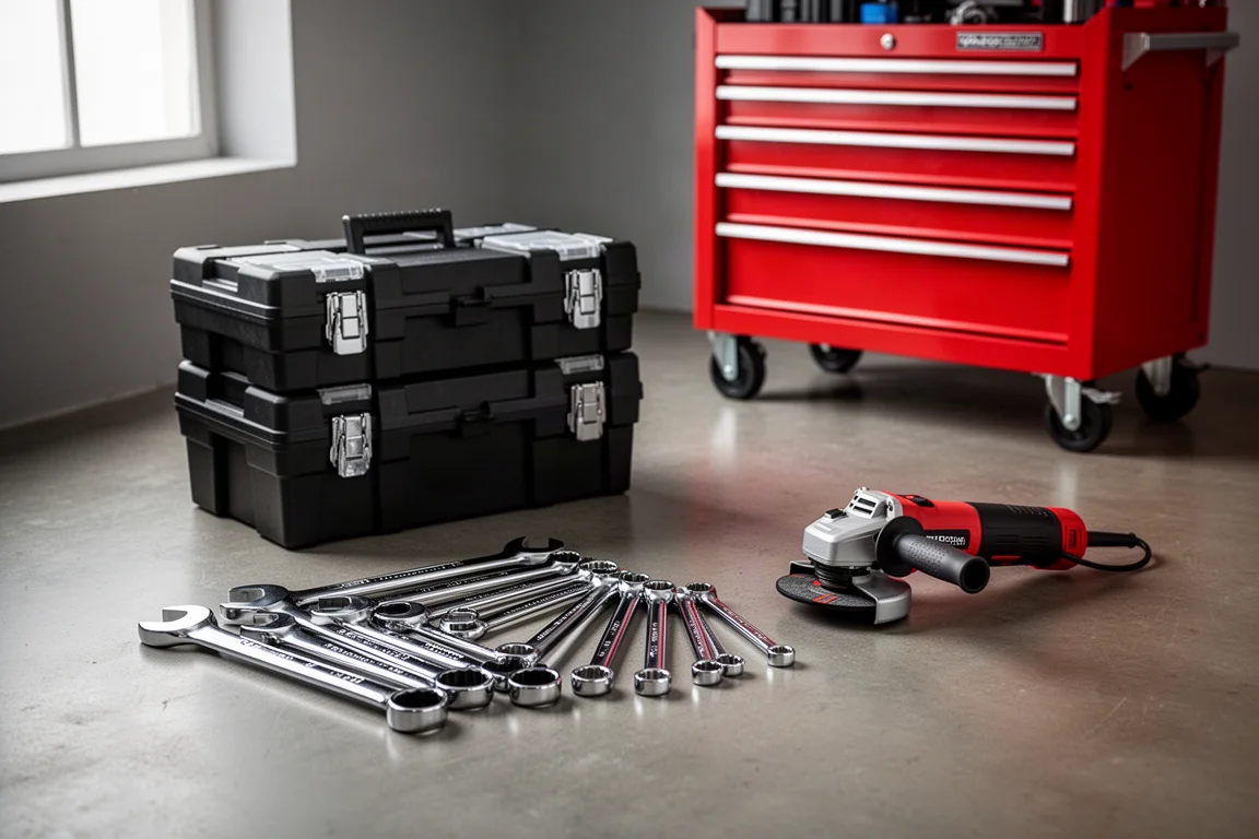 Workbench scene with wrenches, modular toolbox, angle grinder and rolling tool chest