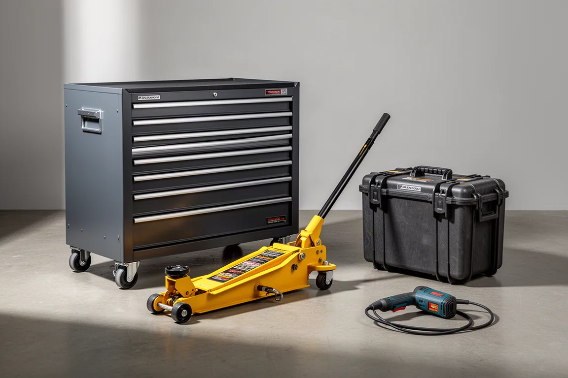 Roll cabinet, floor jack, rolling case, and power tool arranged on a concrete workshop floor