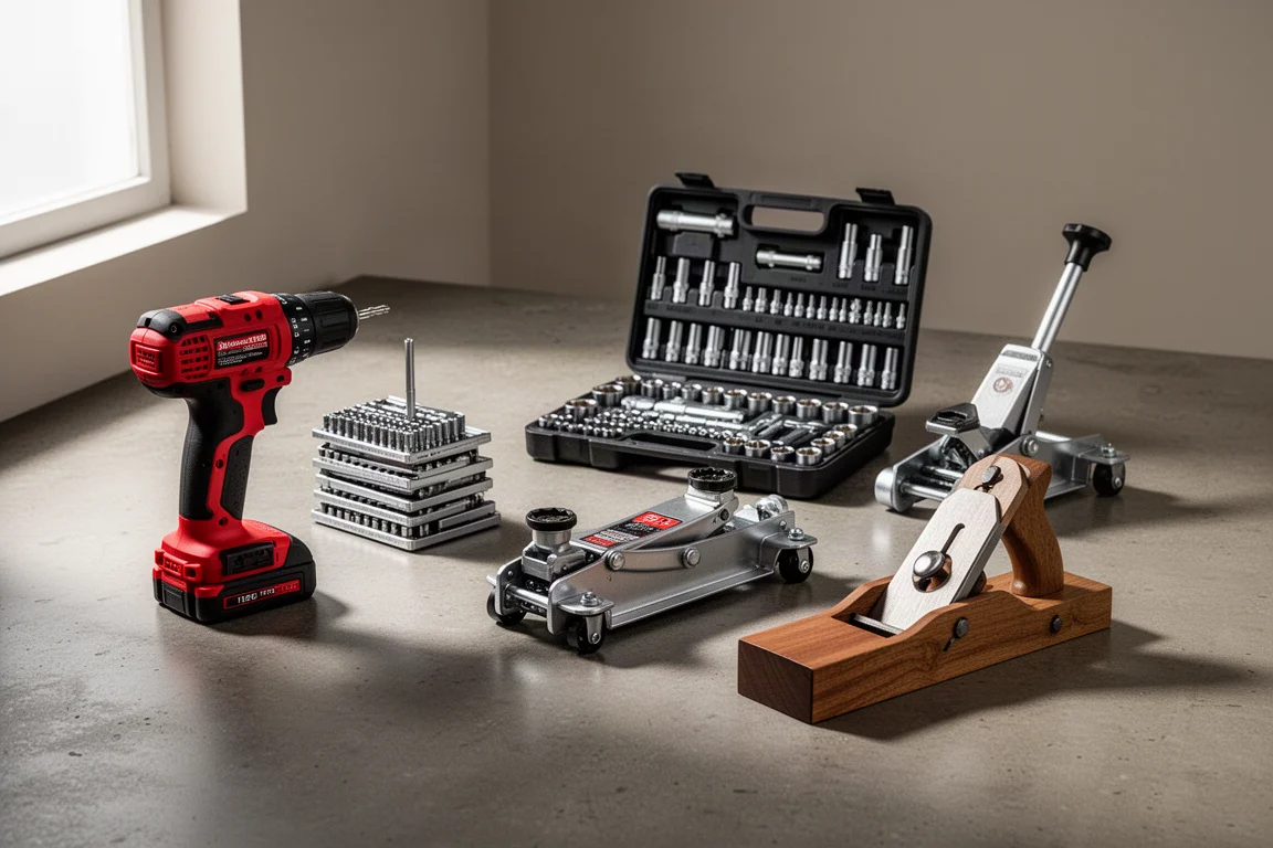 Assorted garage tools including an air compressor, impact wrench, jack stands, and laser thermometer on concrete