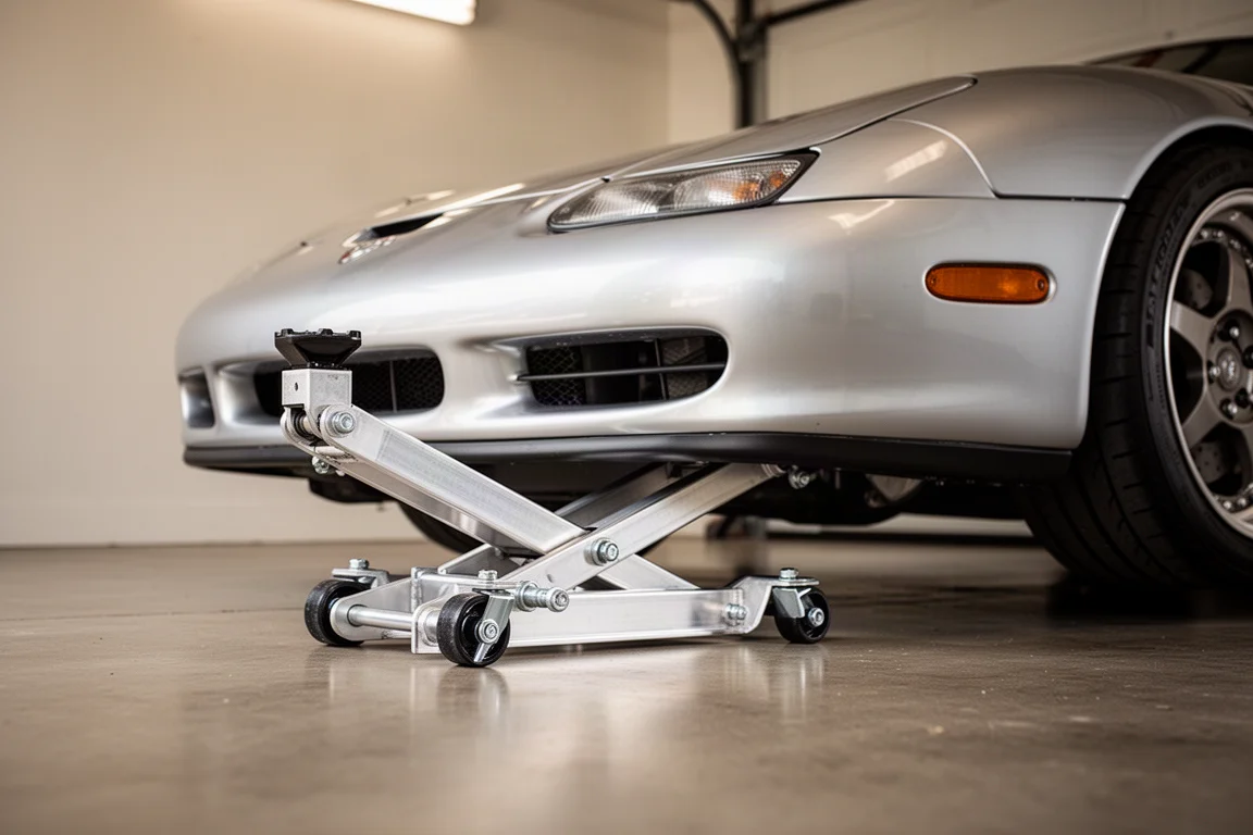 Niski aluminiowy krewet podnośniczy typu racing wsuwa się pod obniżony samochód sportowy