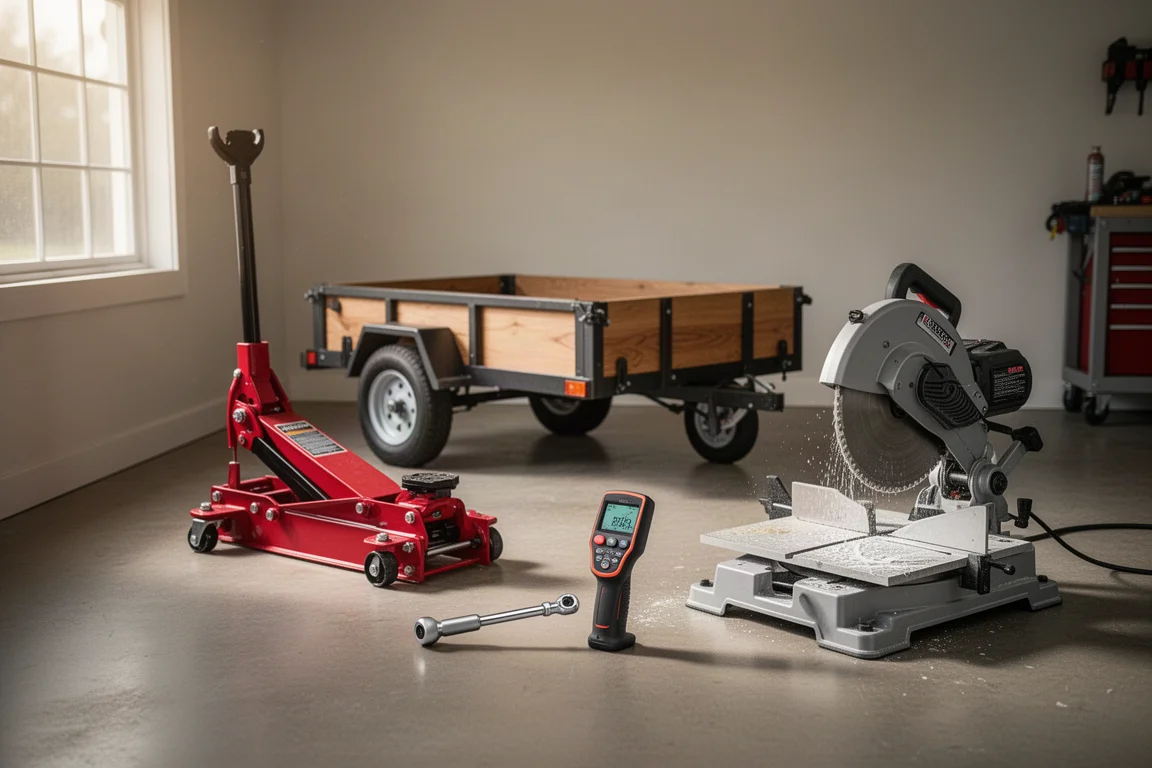 Garage workshop scene with floor jack, folding trailer, torque wrench, and wet saw