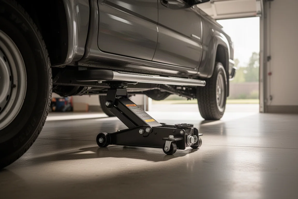 Zware criep onder de framebalk van een pick-up truck geplaatst