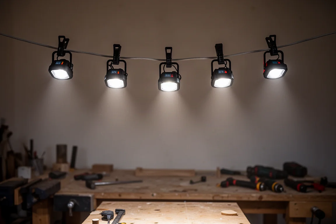 Snoer met LED-werklichtunits langs een plafond van de werkplaats geklemd, gericht taaklicht werpend
