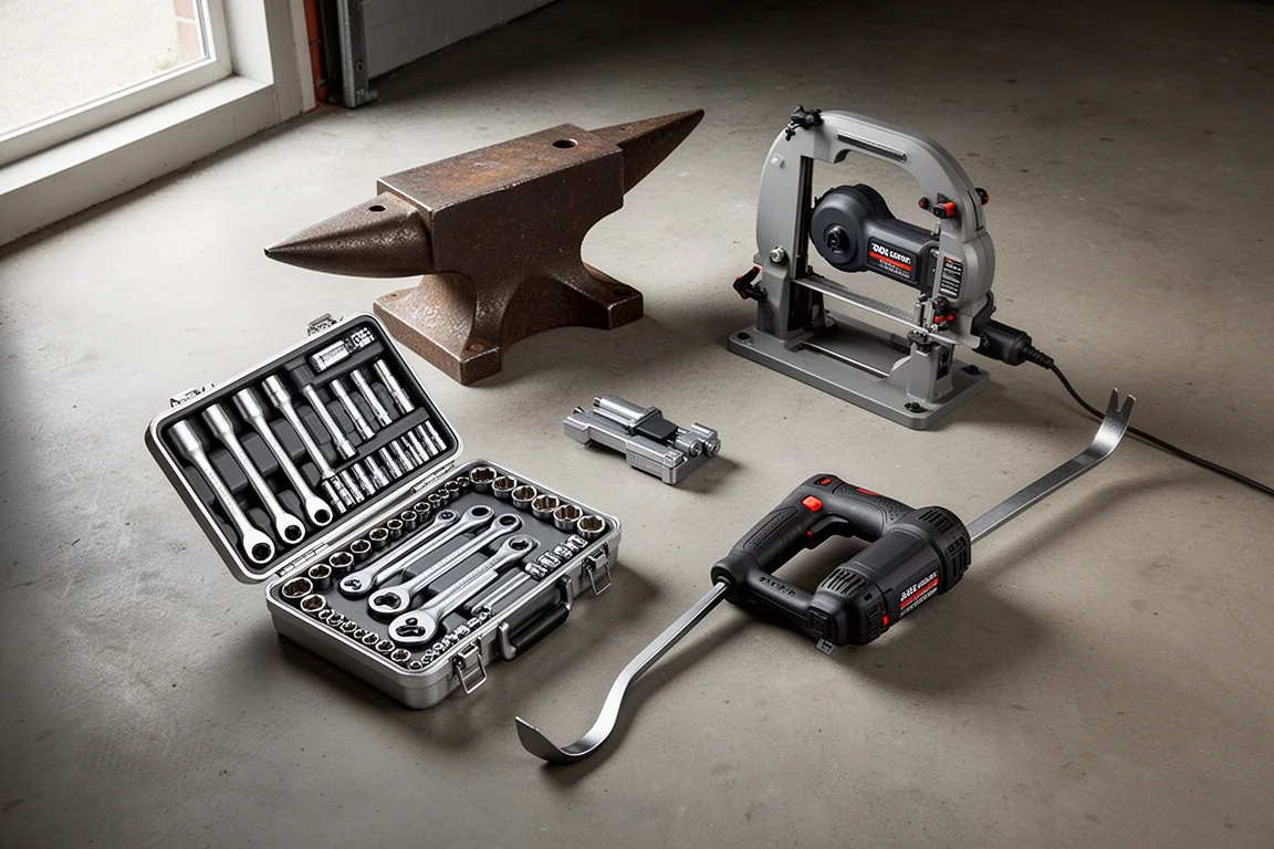 Anvil, open socket set case, cordless bandsaw, and pry bar arranged on a garage floor